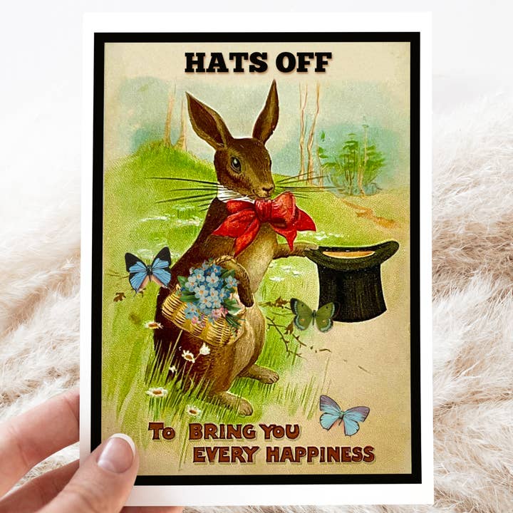 Greeting Card. Hats Off To Bring You Every Happiness. Rabbit for wholesale by Cheerful Whimsies