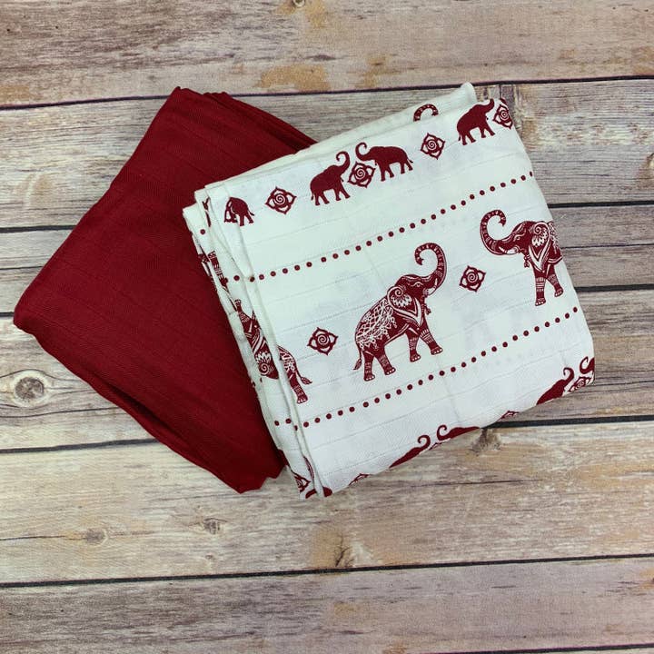 Elephants & Red, 2pk of BAMBOO Muslin Swaddles 50"x50" made from Bamboo, muslin, nursing cover, large, light weight blanket for wholesale by Bambino Land