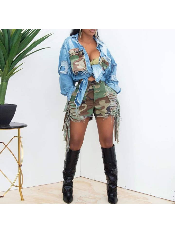 Queen Fashion - Wholesale Shorts - Women's - camouflage ripped pockets straight summer shorts9