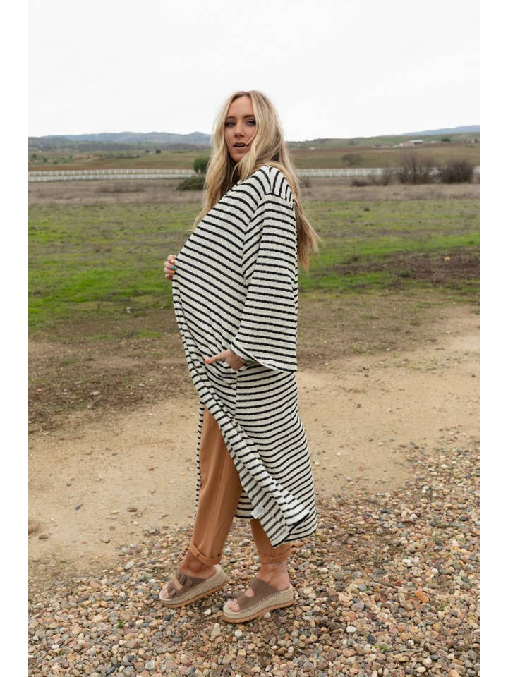 Three Bird Nest - Wholesale Cardigan - Women's - Venyx Striped Duster Cardigan - Cream Black8