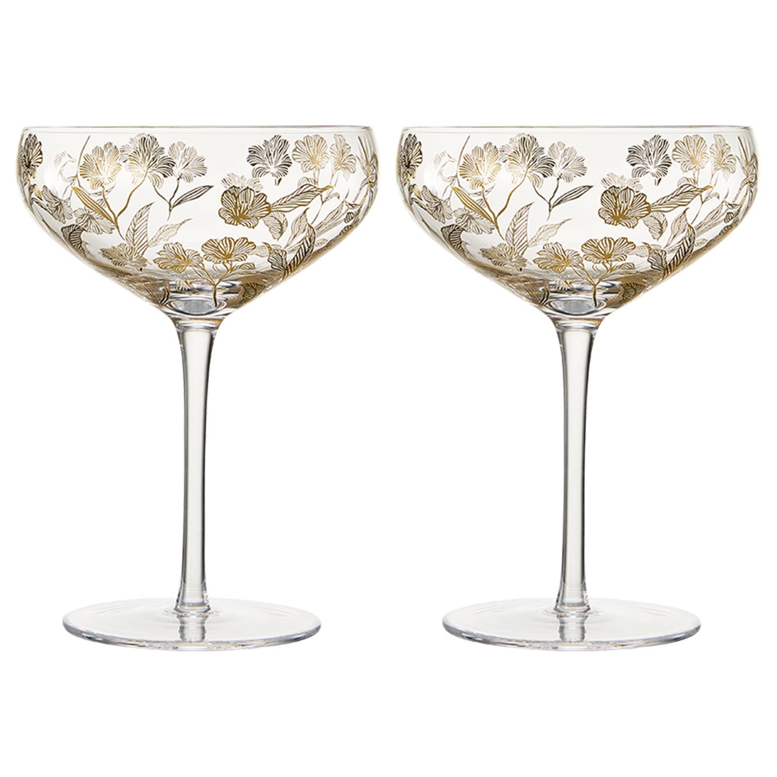 The Wine Savant /  Khen Glassware - Wholesale Cocktail/Liquor Glass - Khen Vintage Gold Floral Decal Champagne Coupe Set of 2 13oz4