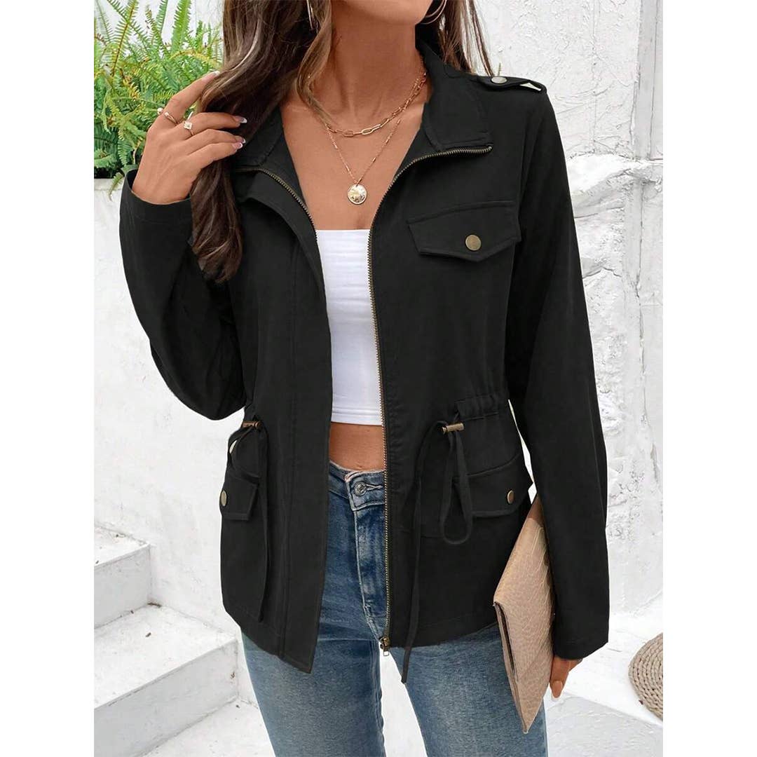 UNISHE - Wholesale Coat – Women’s - Solid Color Long Sleeve Drawstring Waist Jacket ZK3725