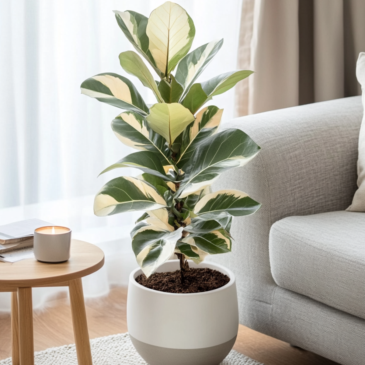 Oasis of Life - Wholesale Live Plant - Ficus Rubber Tree – Ficus Elastica Tineke – Height 75–100cm – Ø24cm – Variegated Houseplant with Green & Cream-Colored Leaves – Air-Purifying & Easy-Care Plant for Living Room & Office7