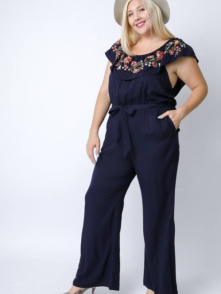 Davi & Dani - Wholesale Jumpsuit - Women's - PLUS SIZE FLORAL EMBROIDERED OFF SHOULDER JUMPSUIT8