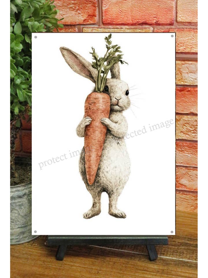 Cutie White Rabbit with Big Carrot 8x12 Metal Sign for wholesale by Bad Bunny Designs