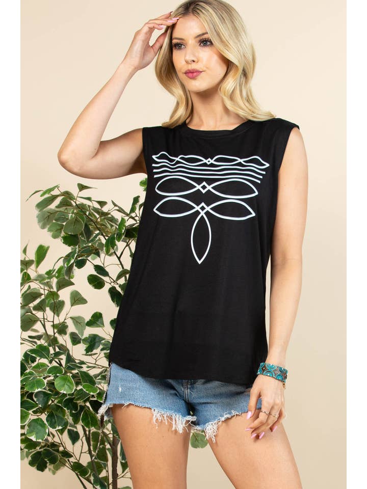 Schwarz/Weiss AV079-THELMA VINYL-TOP MIT STIEFELSTICH UND GRAFIK für den Großhandel auf Faire1