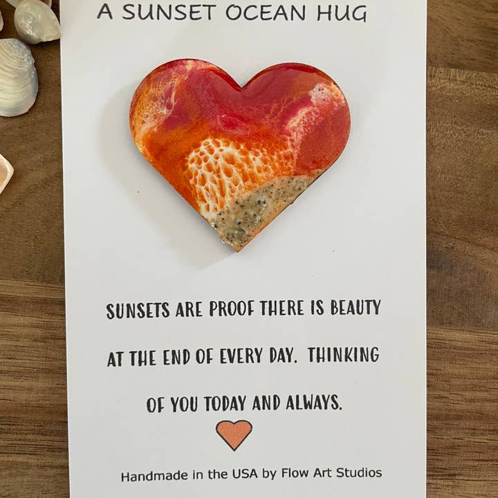Flow Art Studios - Wholesale Everyday Greeting Card - Sunset Ocean Hug Card - Everyday Handmade Card Resin Heart