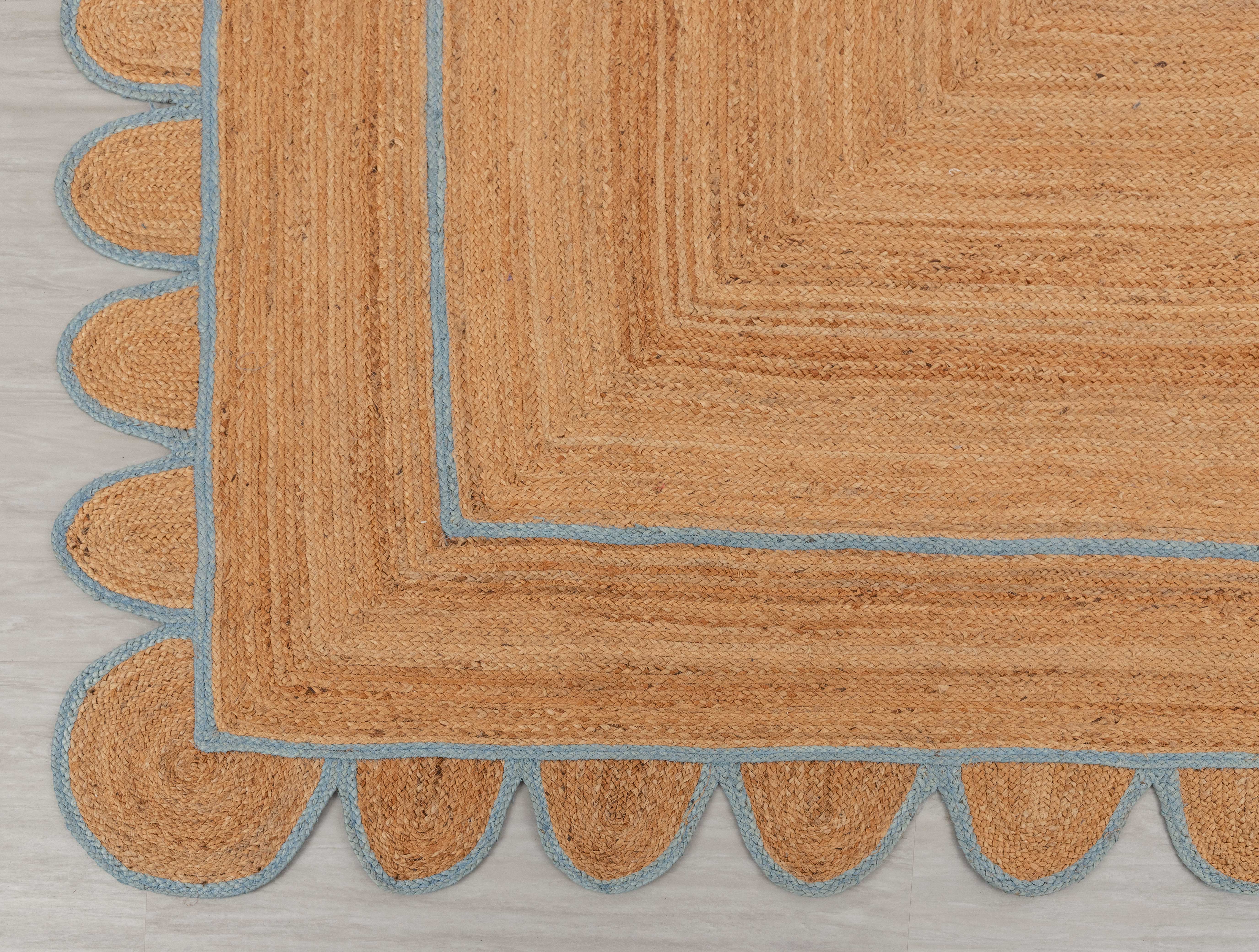 Aesthetic Homes LLC - Wholesale Area Rug - Light Blue Scalloped Jute Boho Rug – Custom Size/Shape4