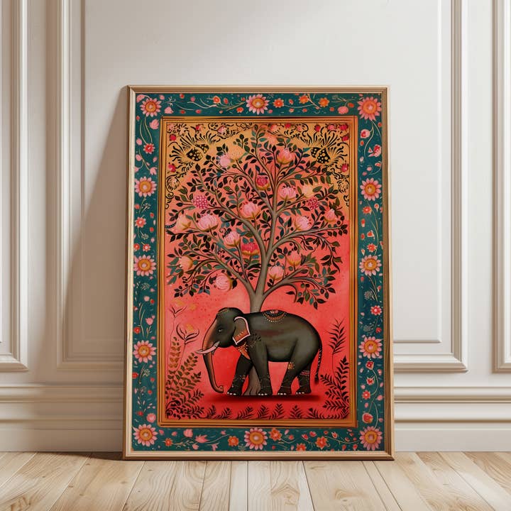 IuliiaArtPrints - Wholesale Art Print - Indian Folk Art – Black Elephant with Pomegranate Tree Print4