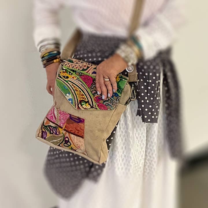 Vintage Addiction - Wholesale Crossbody Bag - Women's - Recycled Military Tent w/Vintage Fabric Crossbody