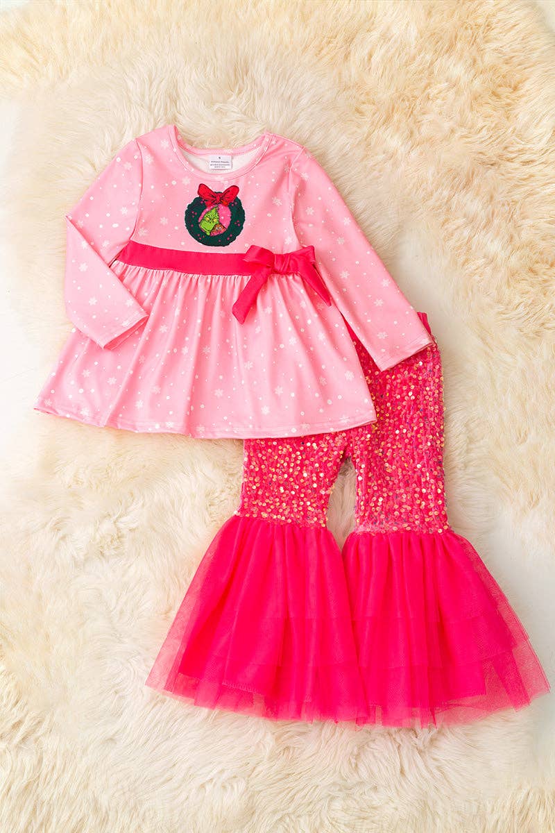 Kids Charm Online - Wholesale Top & Pant Set - Kids - Christmas character on pink tunic and sequins bell bottoms. OFG53241 AMY0