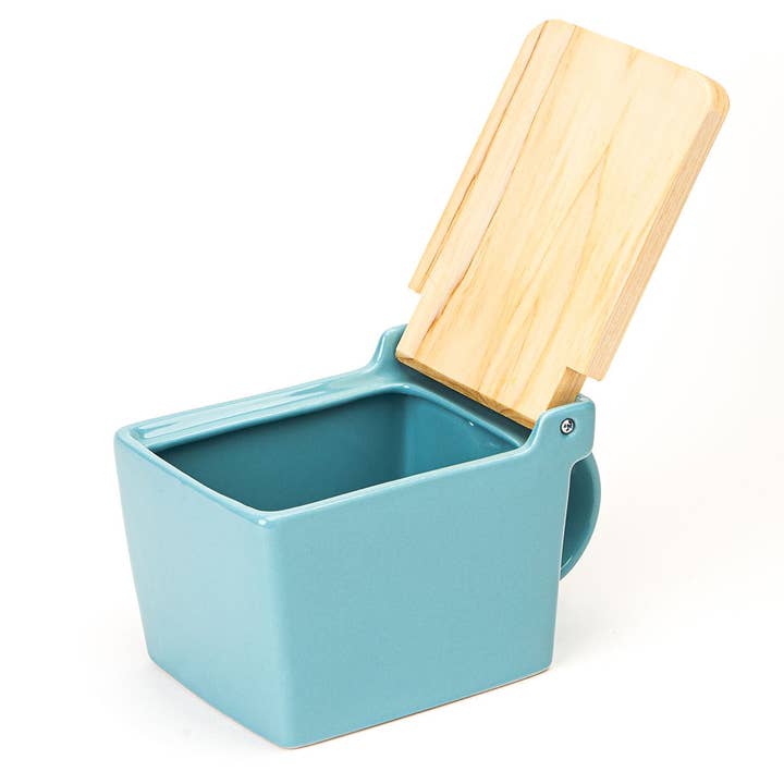 ZERO JAPAN USA - Wholesale Salt & Pepper Shaker Set - Bee House Ceramic Salt Box With Wooden Lid - Ice Blue2