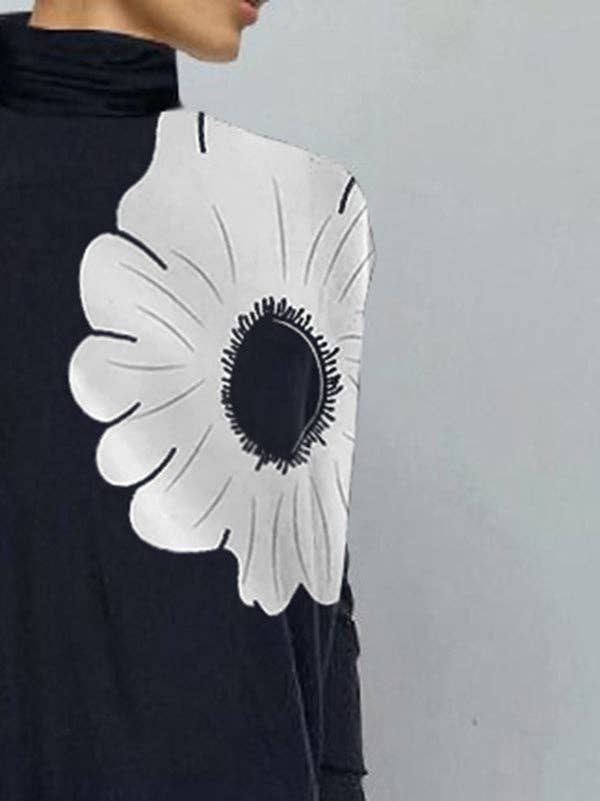 BLACK Long Sleeves Loose Asymmetric Floral Printed Split-Joint High Neck T-Shirts for wholesale on Faire1