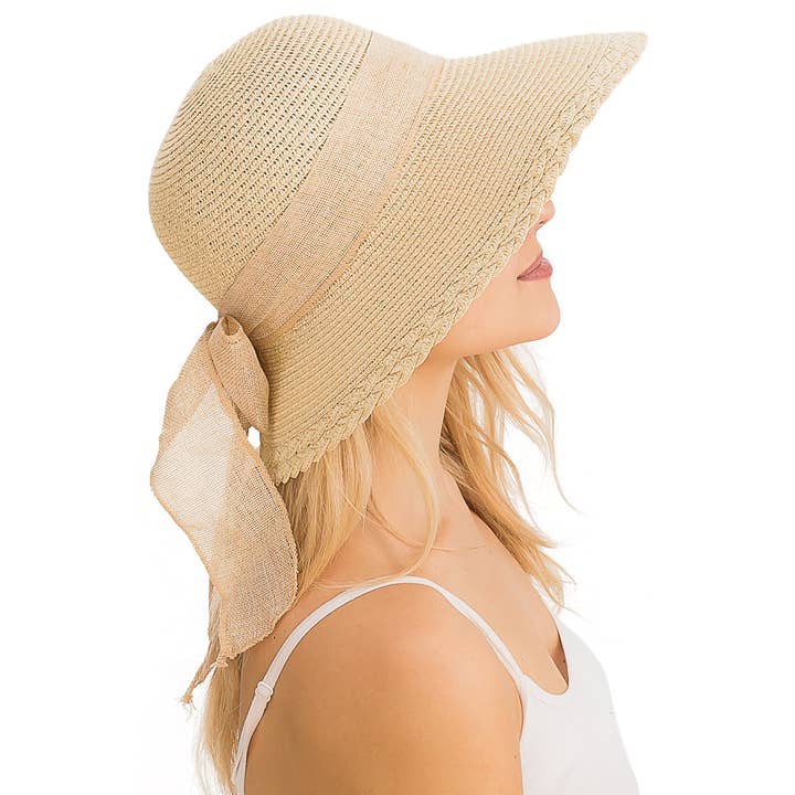 Cap Zone - Wholesale Straw Hat - Women's - Burlap Ribbon Scallop Trim Visor Derby Sun Hat