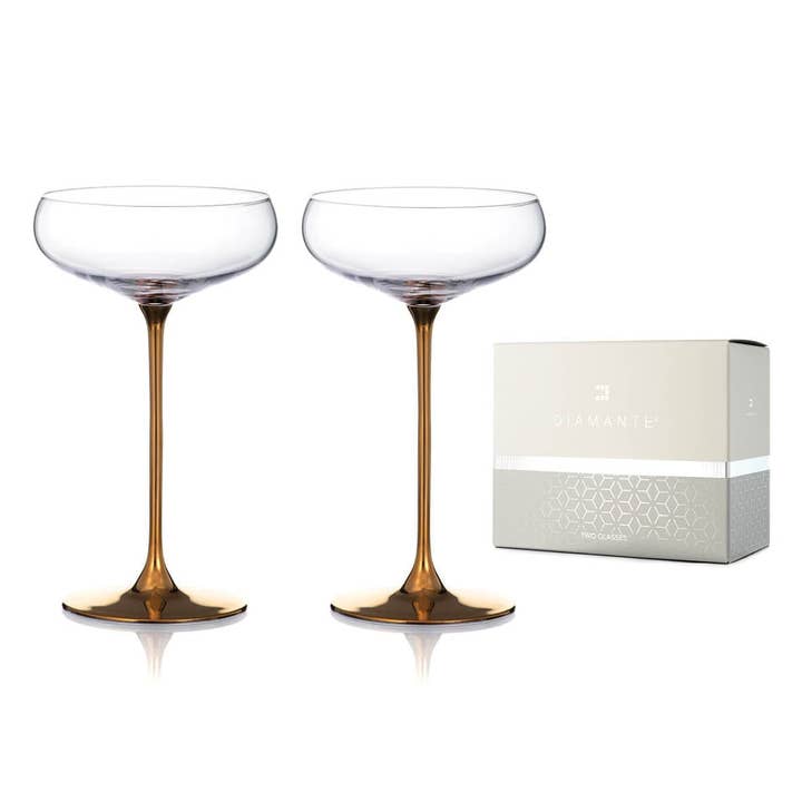 Two Gold Stem Champagne Saucers for wholesale by DIAMANTE