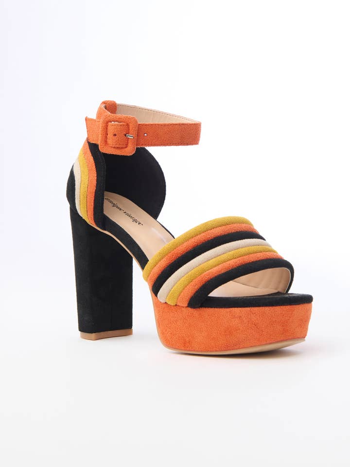 Unique Vintage Candy Corn Stripe Suede Peep Toe Pumps for wholesale by Unique Vintage