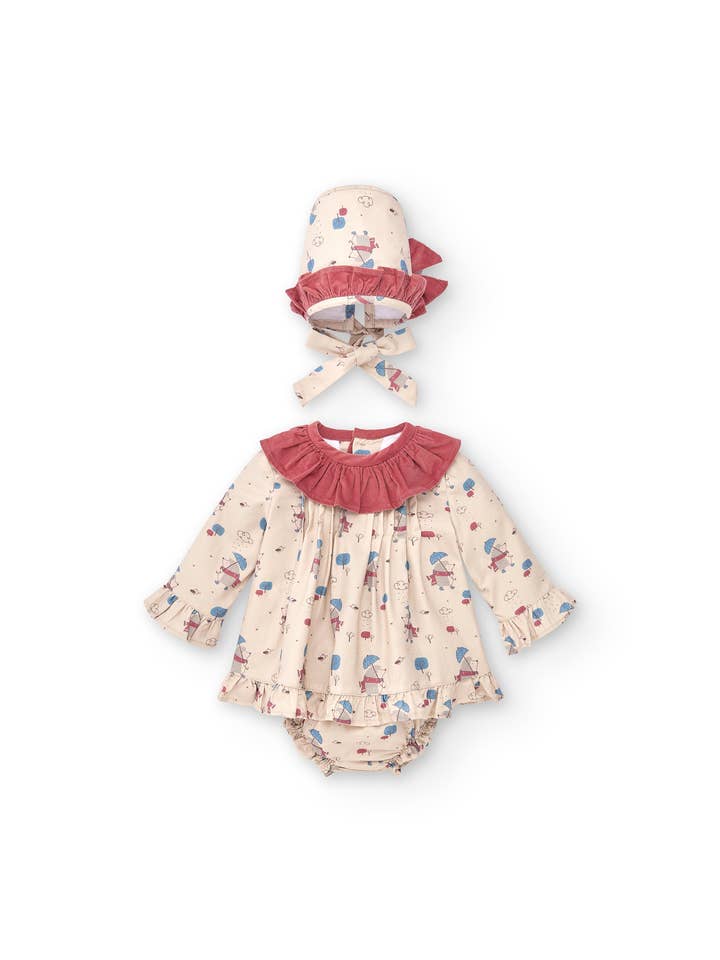 Ensemble robe, culotte et bonnet de bébé orange rougeâtre | Cocote & Charanga pour la vente par Charanga