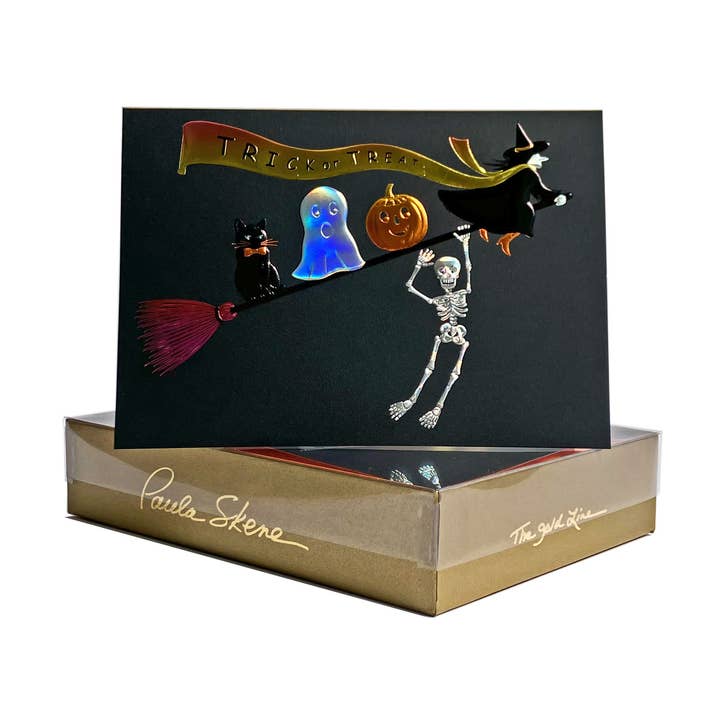 PAULA SKENE DESIGNS - Venta al por mayor Tarjetas de Halloween - Tarjeta negra de Halloween con forma de esqueleto colgando0