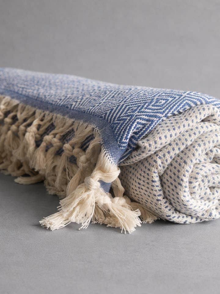 TURKISH COTTON BLANKET | ROYAL BLUE + NATURAL | 98" x 79" for wholesale by THE RILEY/LAND COLLECTION
