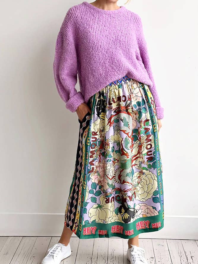 UNISHE - Wholesale Top & Skirt Set - Women's - Flower Dragon Print Button Up Shirt and Skirt Set JRM058