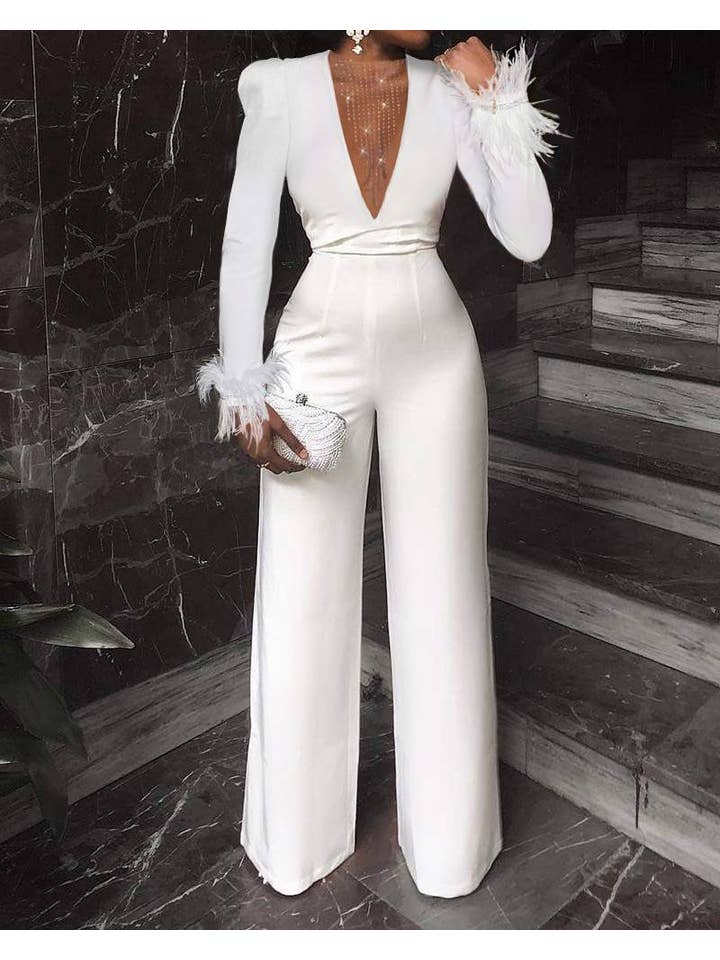 WHITE vneck fuzzy detail jumpsuit for wholesale on Faire1