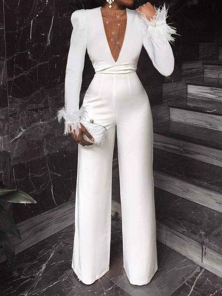 WHITE studded mesh insert vneck fuzzy detail jumpsuit for wholesale on Faire2
