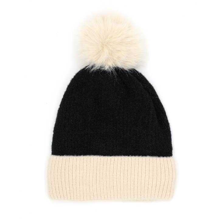 Pink Irene Wholesale - Wholesale Beanie - Women's - TWO TONE KNIT POMPOM BEANIE
