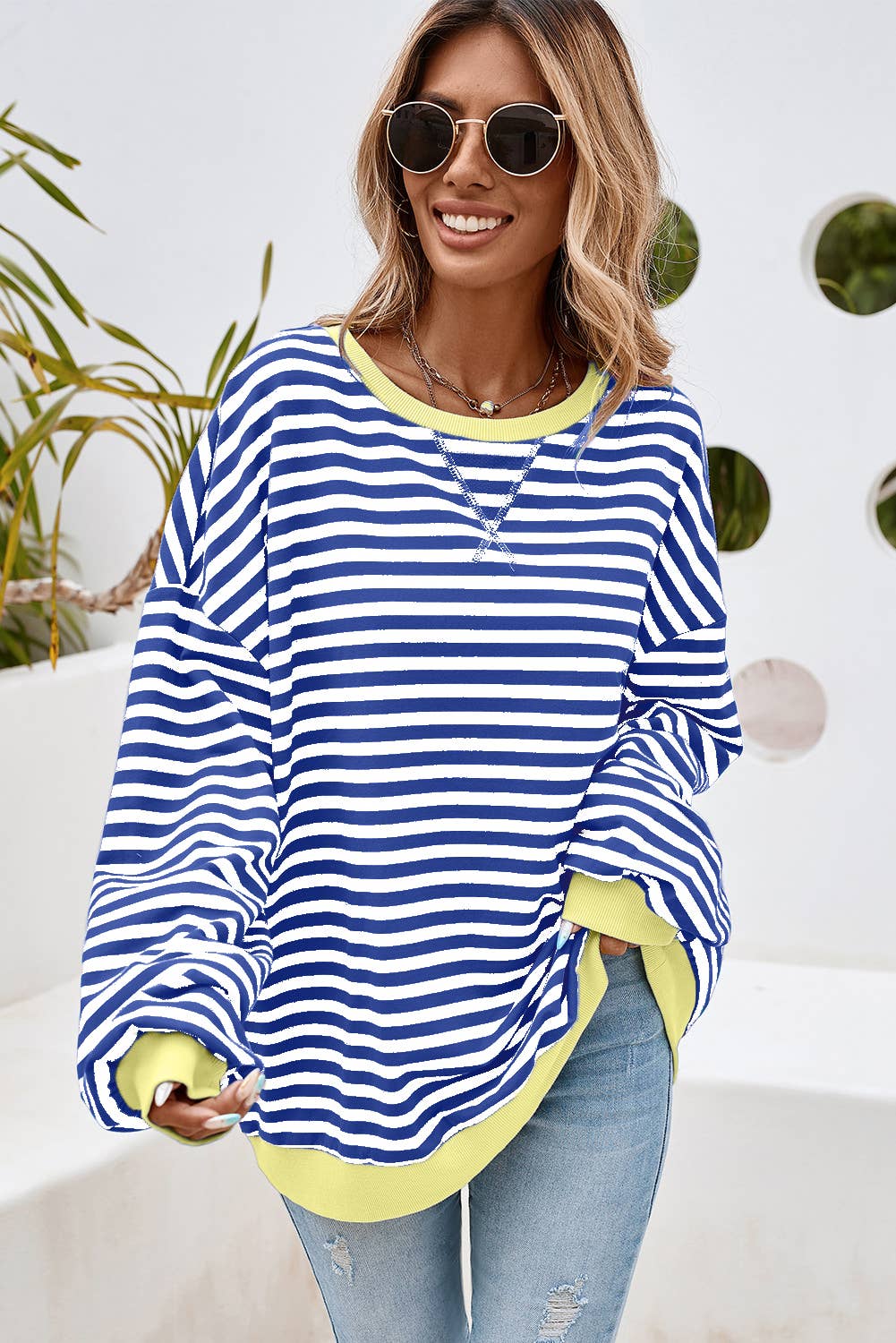 Little Daisy Closet - Vente Sweat-shirt – femme - Pull surdimensionné à rayures LDC avec bordure contrastante8