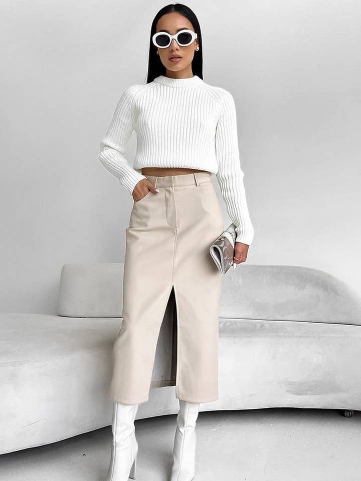 NINEXIS - Wholesale Skirt - Women's - CWBMS0250_VINTAGE PLUS VELVET PU LEATHER SLIT SKIRT1