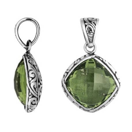 AP-6260-GAM Sterling Silver Green Amethyst Quartz Cushion Pendant With Balinese Scroll Pattern for wholesale by Bali Designs