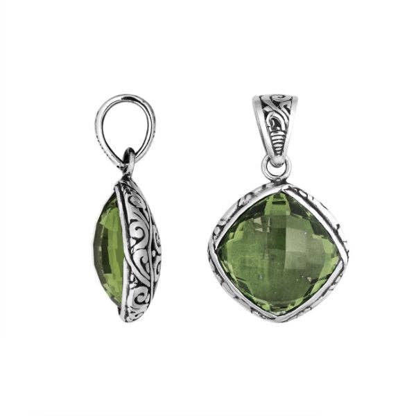 AP-6260-GAM Sterling Silver Green Amethyst Quartz Cushion Pendant With Balinese Scroll Pattern for wholesale by Bali Designs