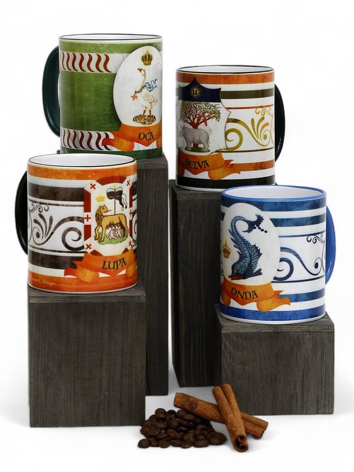 PALIO DI SIENA : Lot de 4 tasses imprimées en porcelaine : LUPA+OCA+SELVA+ONDA pour la vente par SublimArt