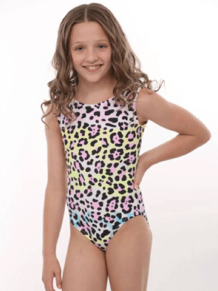 Foxy's Leotards - Wholesale Leotard β Child - Girls' Vibrant Cheetah Gymnastics Leotard - Pink, Yellow & Blue - Foxy's USA Made0