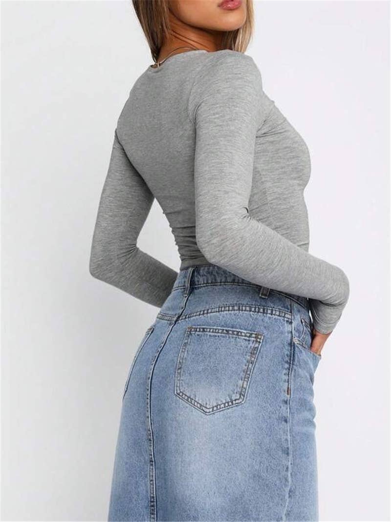 HIDDENBRAND - Wholesale T-Shirt - Women's - Simple Basic Plain Versatile Long Sleeve Cropped T-Shirt6