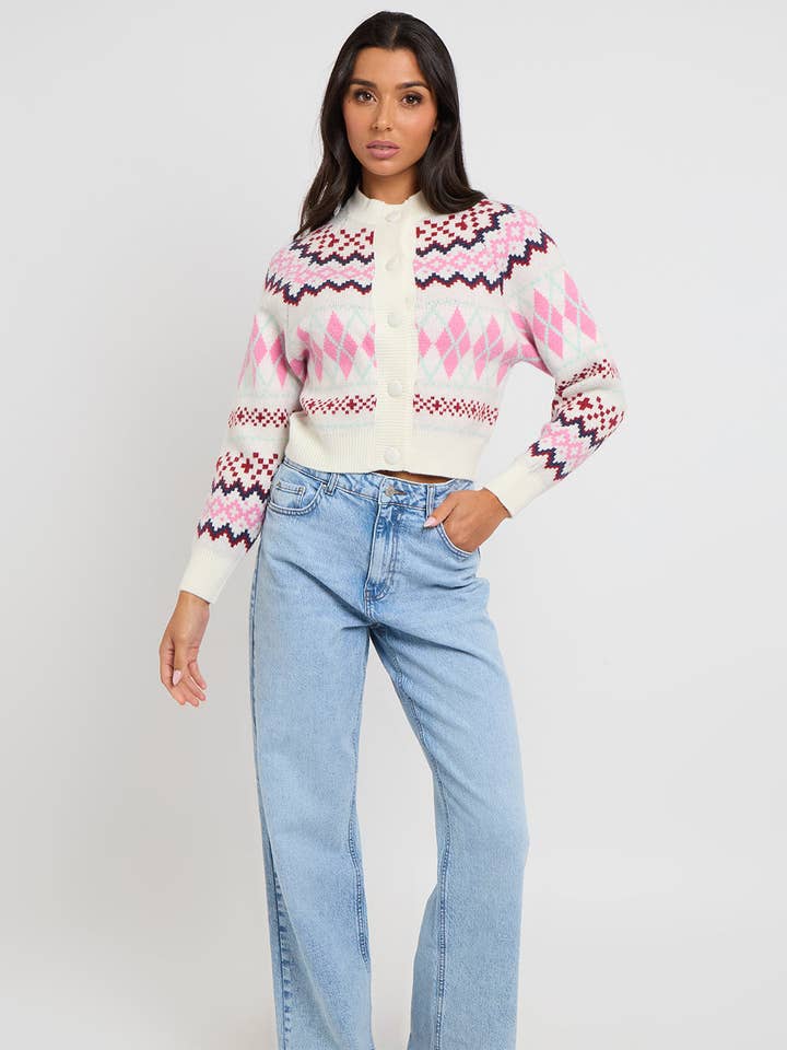 Fairisle cardigan with covered buttons for wholesale by Urban Bliss