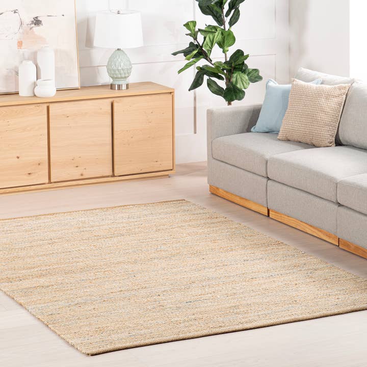 Blue Home Conservatory Mixed Stripe Handwoven Jute Area Rug for wholesale on Faire