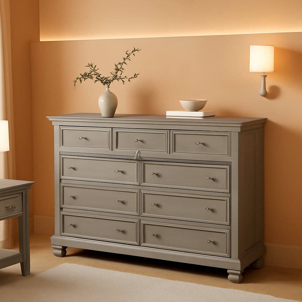Lettner Modern Traditional 7 Drawer Dresser In Light Gray for wholesale on Faire0