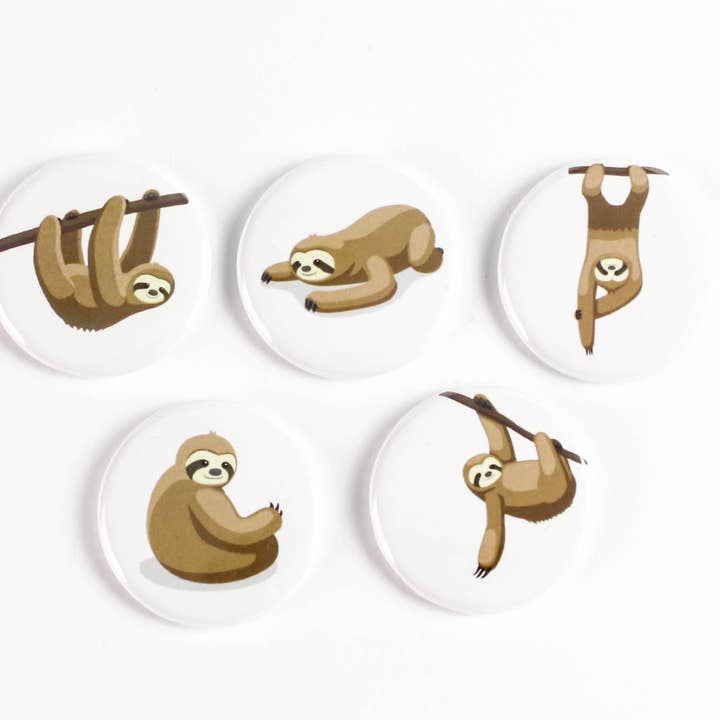 SET: Sloth Pinback Buttons or Magnets for wholesale by Ifs, Ands, Or Buttons