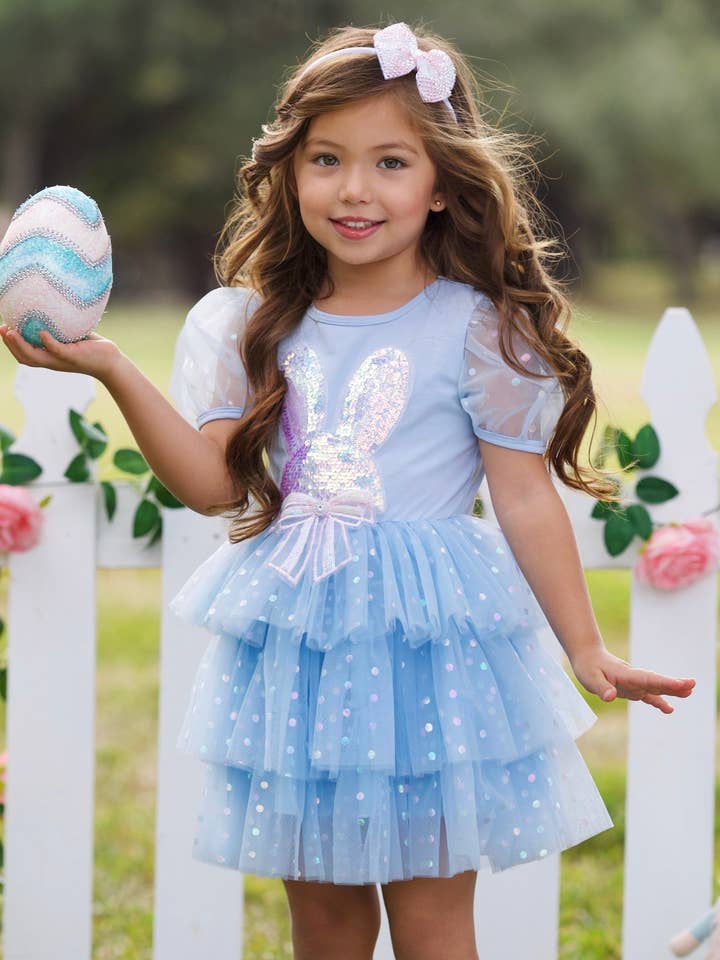 Robe à volants en tulle avec lapin à sequins pour la vente par Mia Belle Girls • Wholesale