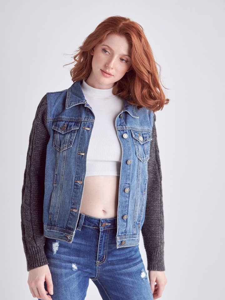 Nature Denim - Wholesale Denim Jacket - Women's - Chic Denim Jacket with Sweater Sleeves - Women's NT1212MG