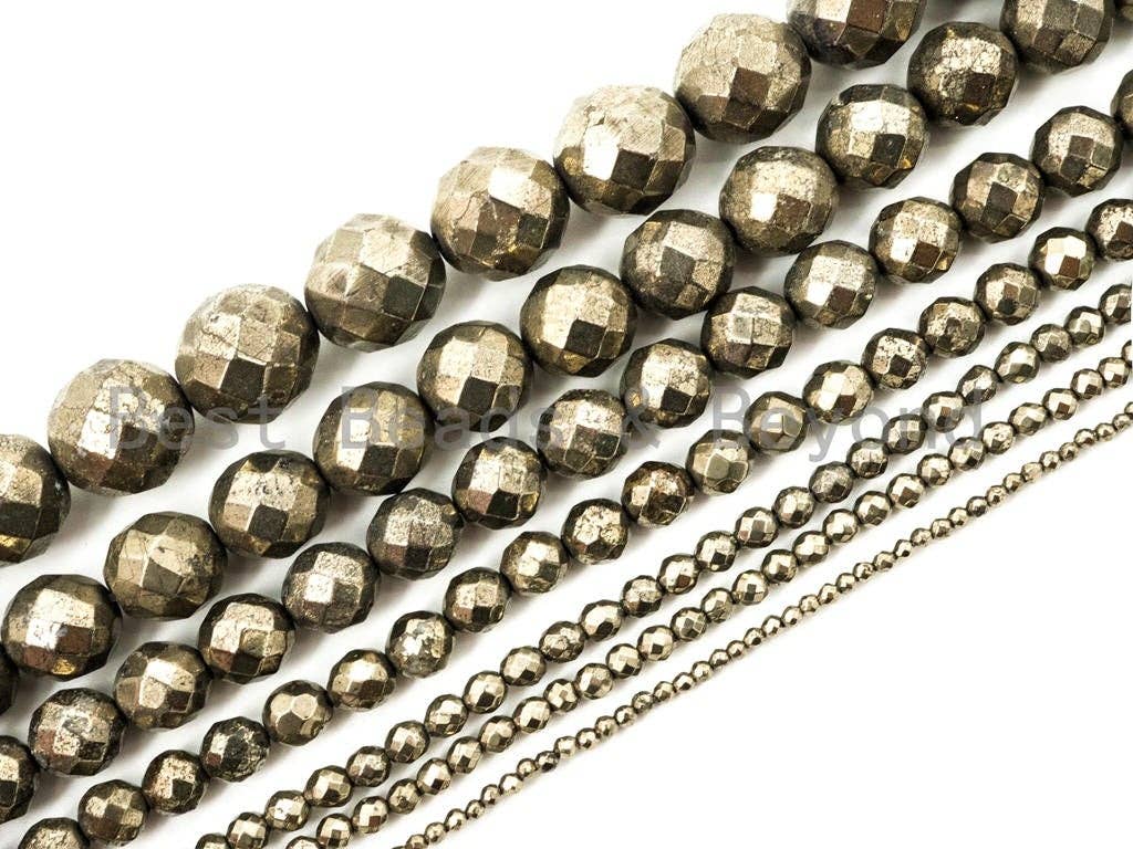BestBeads&Beyond - Wholesale Beads - Quality Natural Pyrite 2mm/3mm/4mm/6mm/8mm/10mm/12mm/14mm/16mm beads, Round Faceted Pyrite Gemstone Beads, 15inch strand, SKU#W20