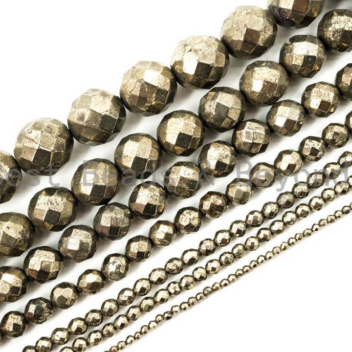BestBeads&Beyond - Wholesale Beads - Quality Natural Pyrite 2mm/3mm/4mm/6mm/8mm/10mm/12mm/14mm/16mm beads, Round Faceted Pyrite Gemstone Beads, 15inch strand, SKU#W2