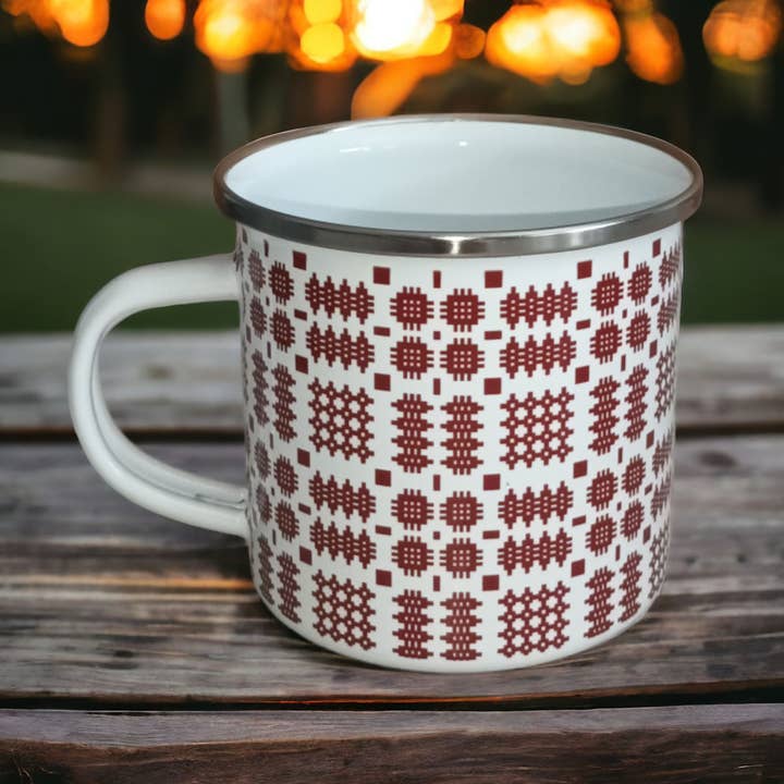 Welsh tapestry blanket design Enamel Camping mug for wholesale by Moose & Co