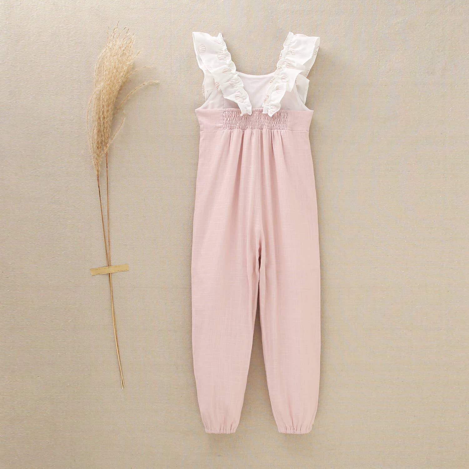 Rose Long Plain Girl's Jumpsuit with Contrast Printed Ruffles for wholesale on Faire7