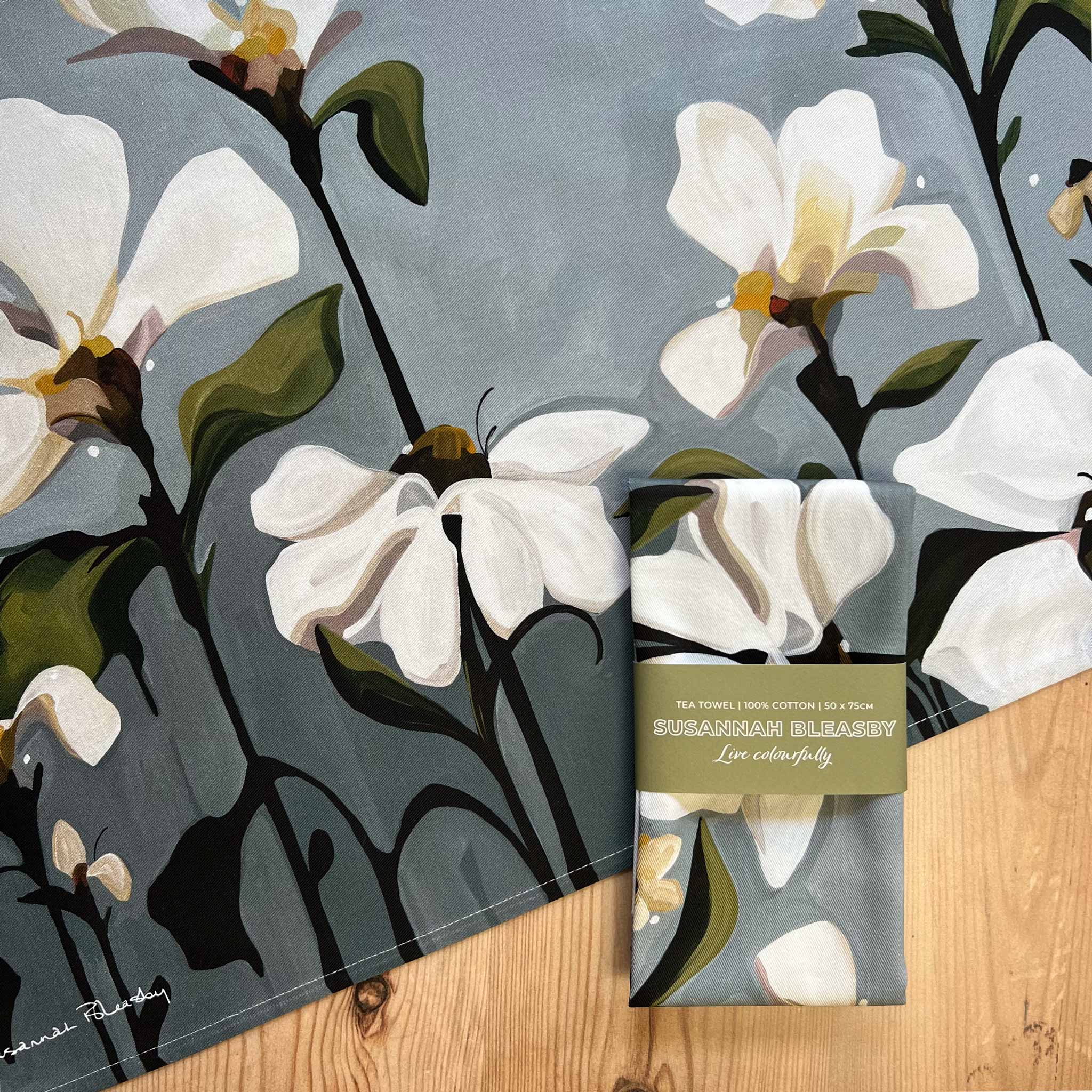 Susannah Bleasby Art - Wholesale Tea Towel - Cotton tea towel | Floral tea towel | 'Grey Garden'4