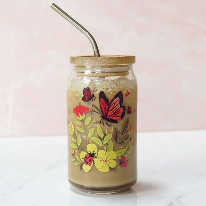 Spring Garden Can Glass | Ladybugs, Butterfly, Flowers for wholesale by Forest Cove Home