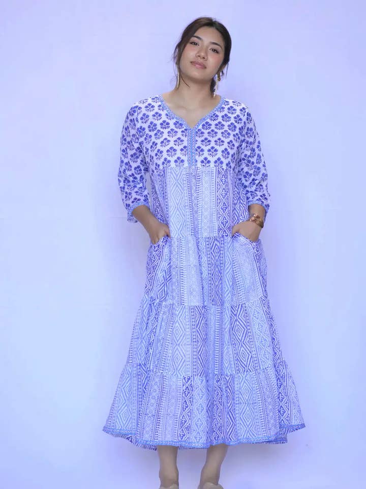 Jhene Block Print Klänning Blå för wholesale av Dolma