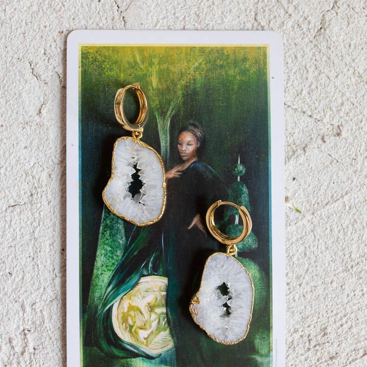 Bohemian and Bouj - Wholesale Huggie Earrings - The World Huggies | 18k Gold-Plated + Geode Earrings2