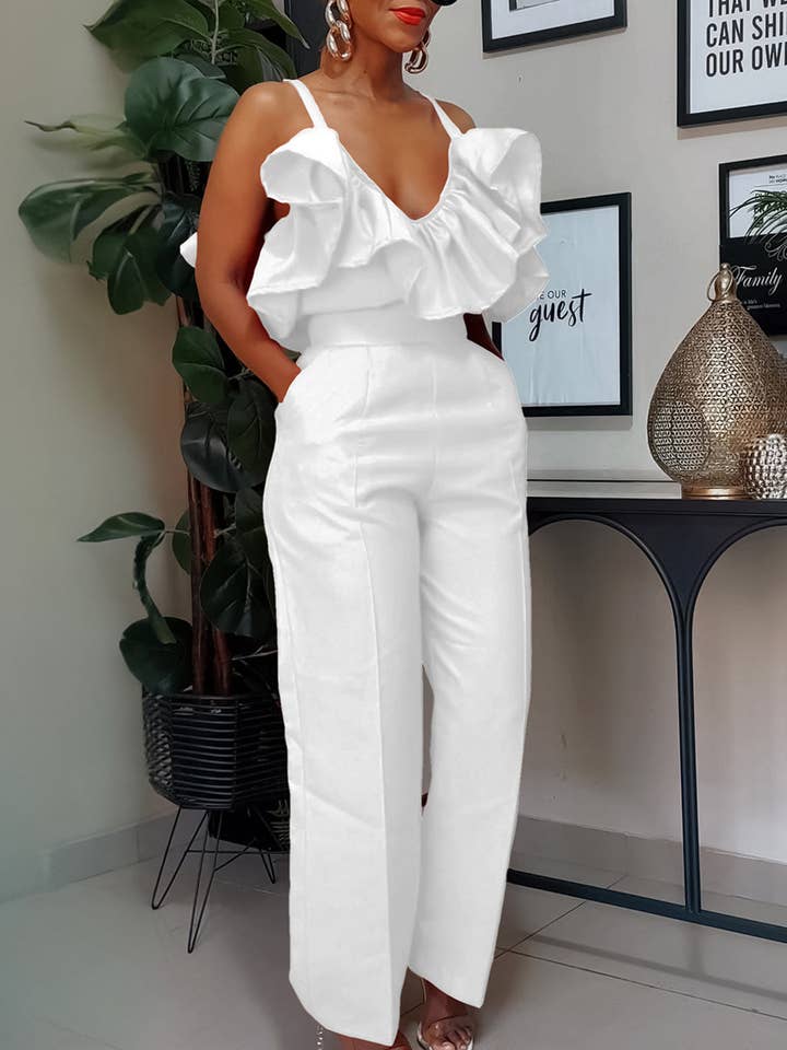 V-Neck Ruffle Halter Jumpsuit for wholesale by Aria Romance
