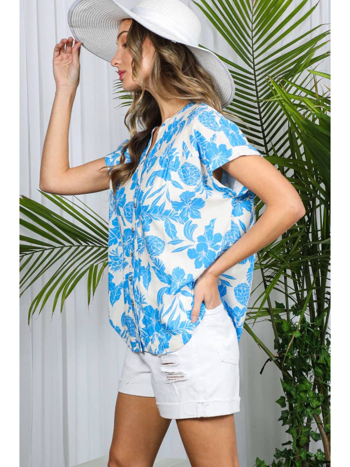 Vine & Love - Wholesale Button Down Shirt - Women's - Floral Pineapple Henley Neck Roll-Up Shirt Top VT82331A1